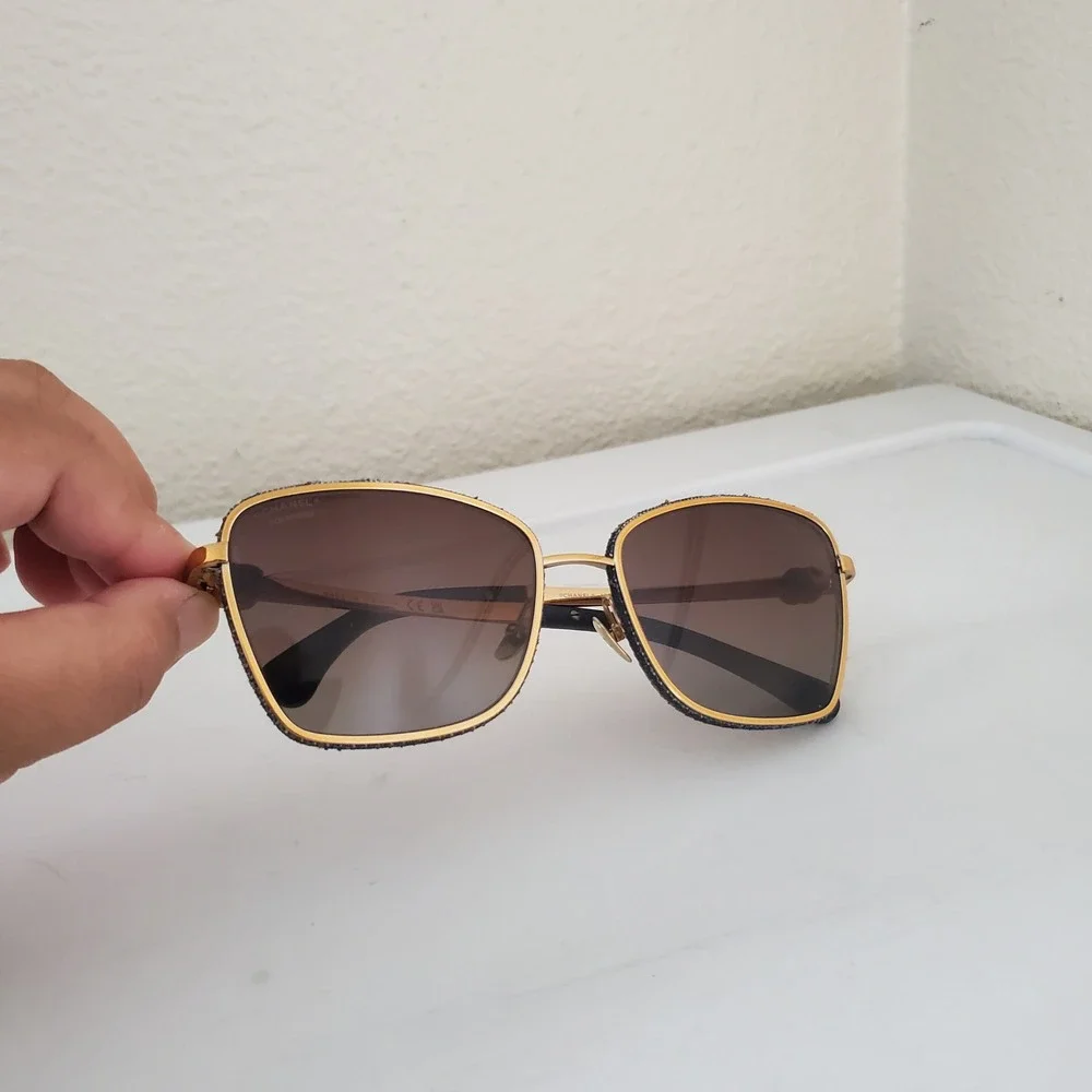 Chanel 4222 Gold Navy Denim Polarized Square Sunglasses Women CC Logo Italy